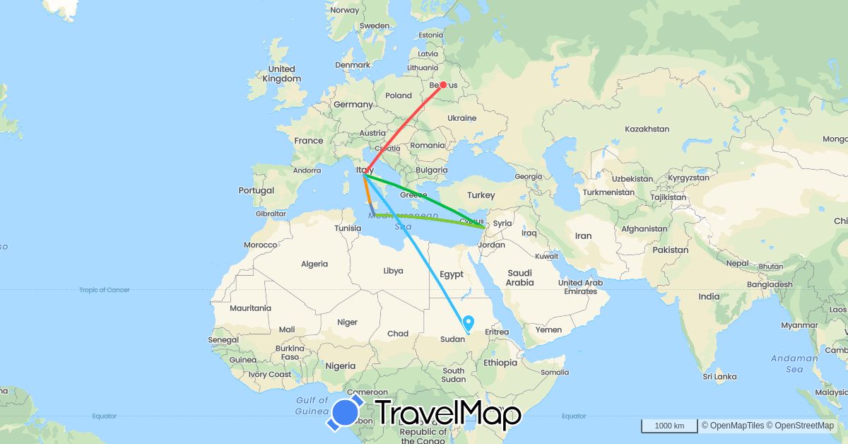 TravelMap itinerary: driving, bus, cycling, hiking, boat, hitchhiking, electric vehicle in Belarus, Italy, Lebanon, Malta, Sudan (Africa, Asia, Europe)